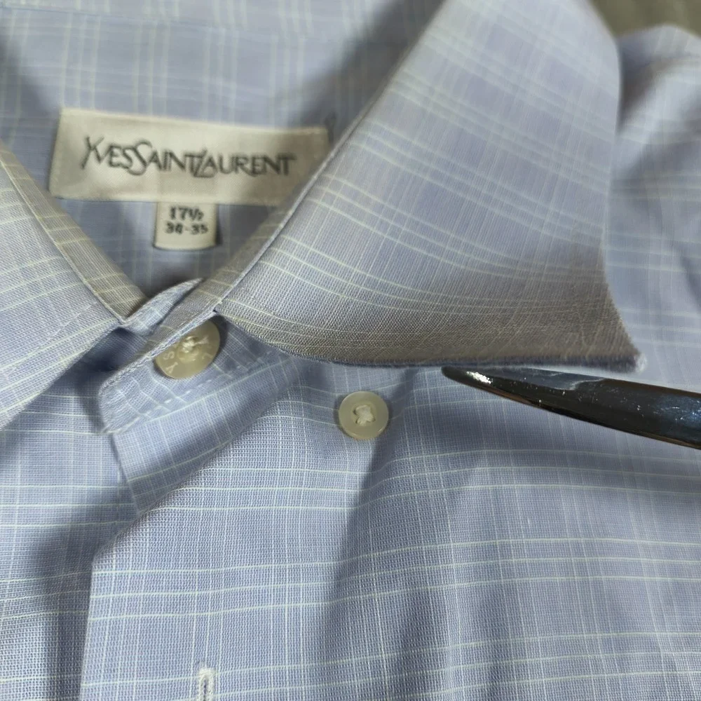 Vintage Yves Saint Laurent‎ Shirt Mens 17.5 Blue Plaid Long Sleeve Button Up USA